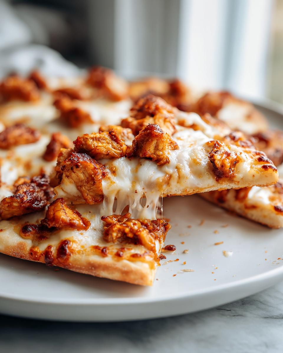A slice of BBQ Chicken Flatbread Pizzas is being pulled away, showing a dramatic cheese pull over the toppings.