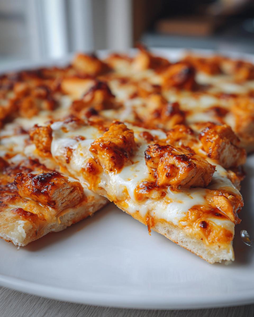 A close-up view of two slices of BBQ Chicken Flatbread Pizzas, showing melted cheese and saucy chicken chunks on a white plate.