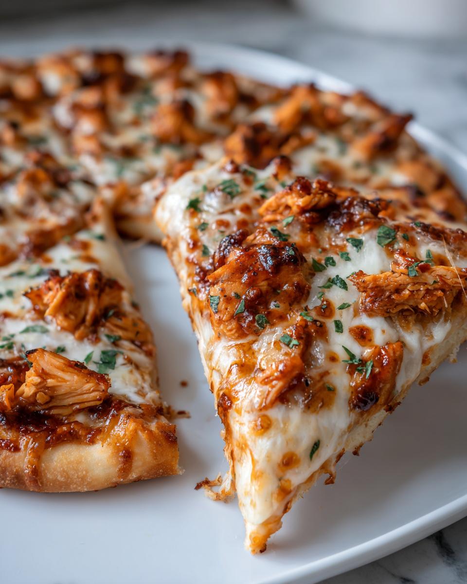 A close-up of a slice being pulled from BBQ Chicken Flatbread Pizzas, showing melted cheese and saucy chicken.
