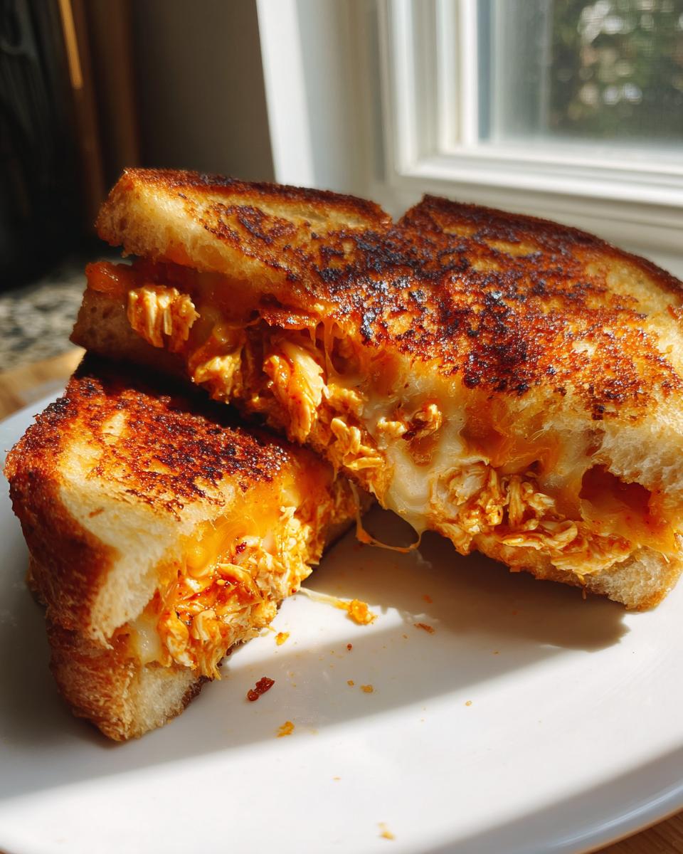 A perfectly grilled BBQ Chicken Grilled Cheese sandwich cut in half, showing melted cheese and saucy chicken filling.