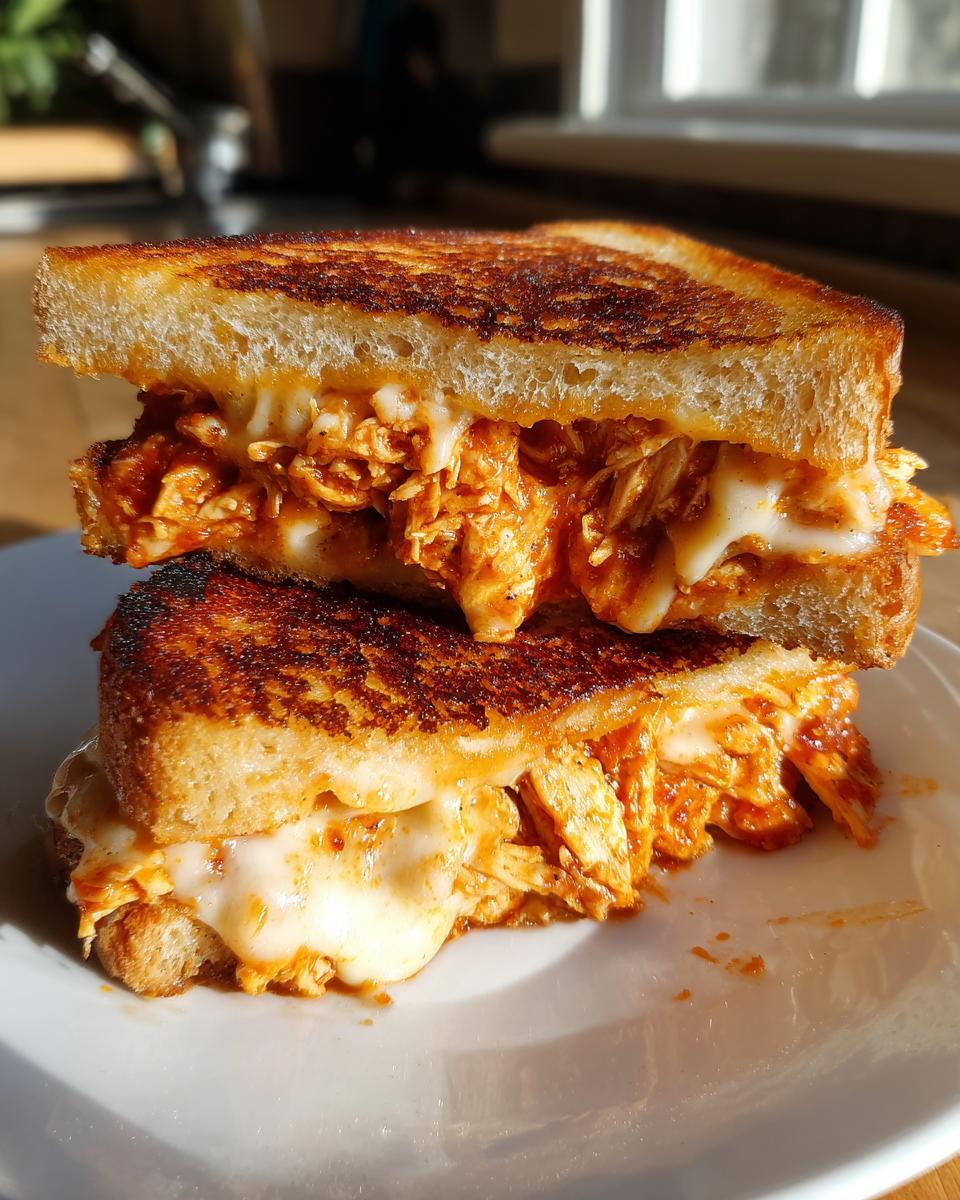 A half-cut BBQ Chicken Grilled Cheese sandwich stacked, showing melted cheese oozing over shredded BBQ chicken filling.