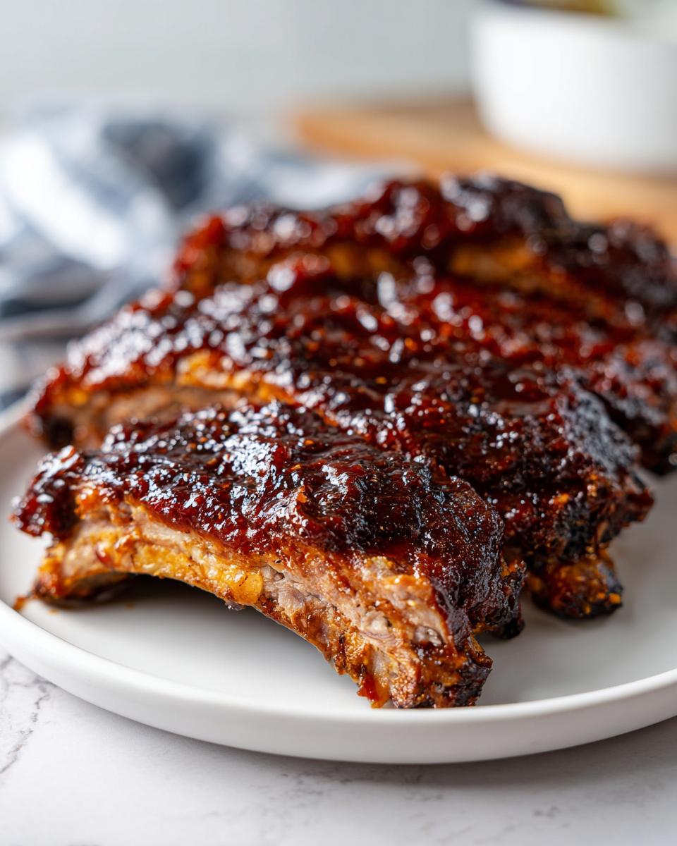 Close-up of tender BBQ Honey Garlic Ribs thickly coated in a dark, glossy sauce, served on a white plate.