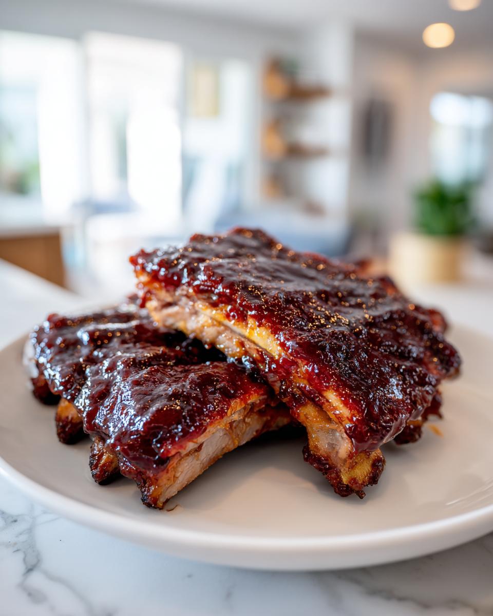 A stack of tender pork ribs generously coated in a thick, glossy BBQ Honey Garlic Ribs sauce on a white plate.