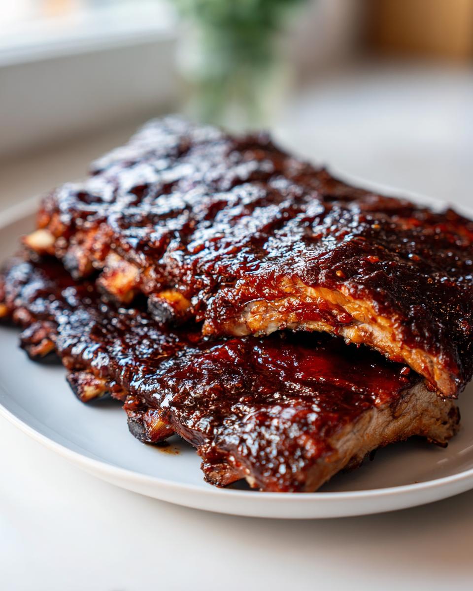 Close-up of tender, saucy BBQ Honey Garlic Ribs stacked on a white platter, glistening with glaze.