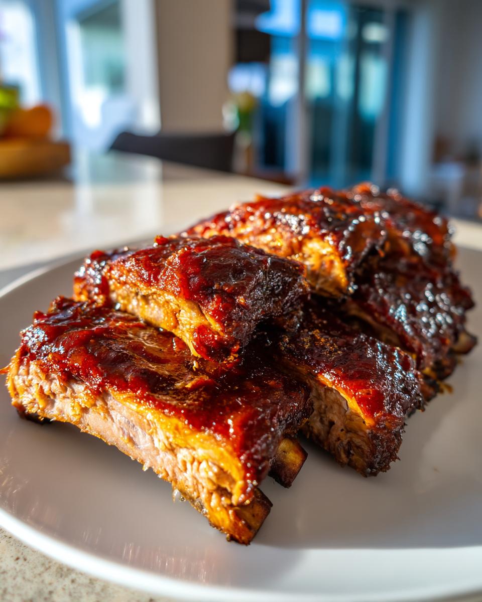 Close-up of tender, saucy BBQ Honey Garlic Ribs cut into sections and stacked on a white plate.