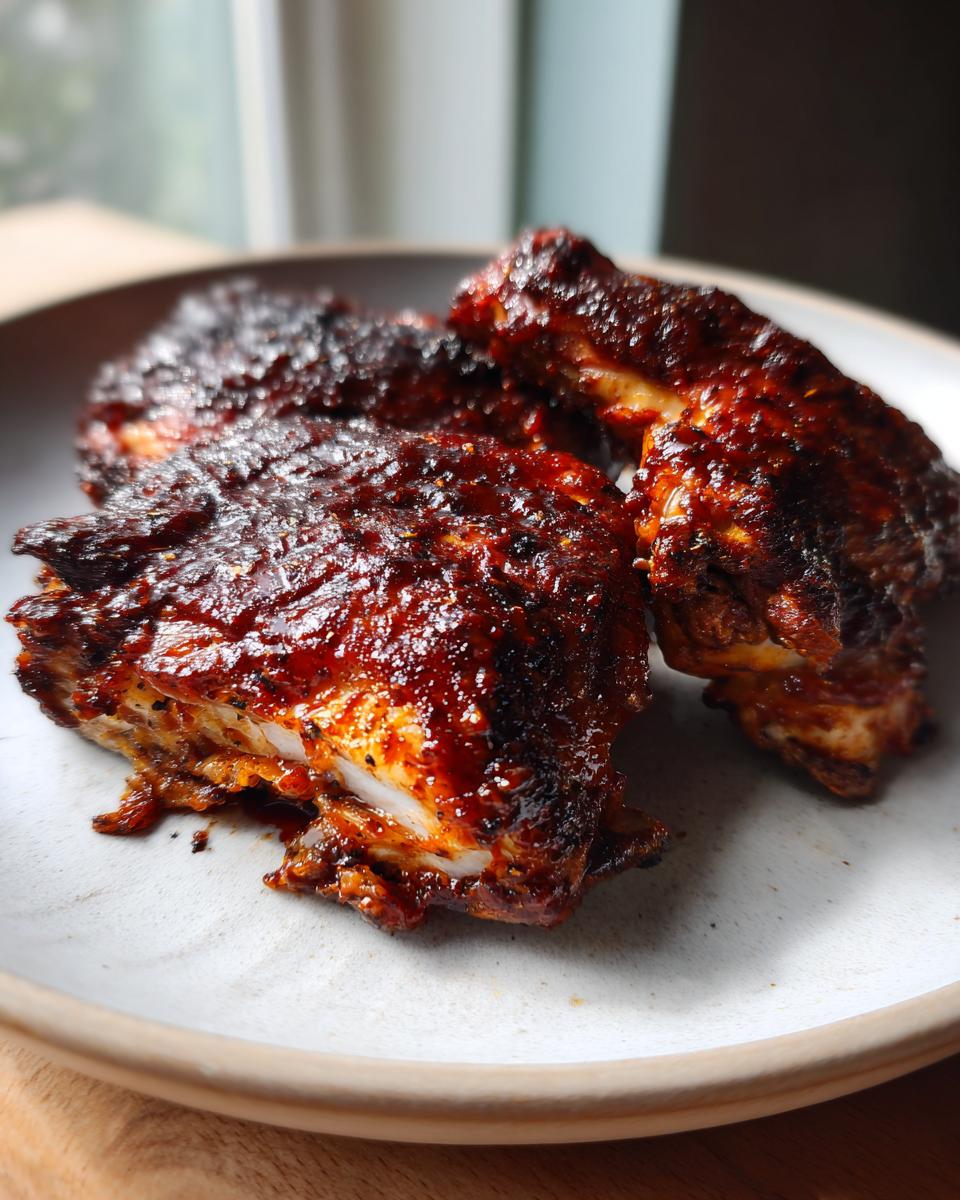 Close-up of three saucy, caramelized BBQ Ranch Chicken Thighs resting on a light-colored plate.