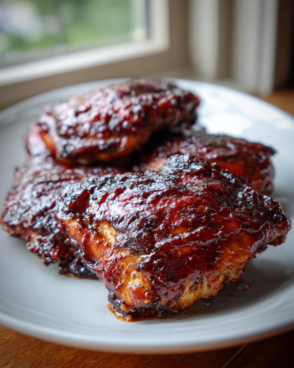 Close-up of several juicy BBQ Ranch Chicken Thighs covered in a thick, dark, sticky glaze served on a white plate.