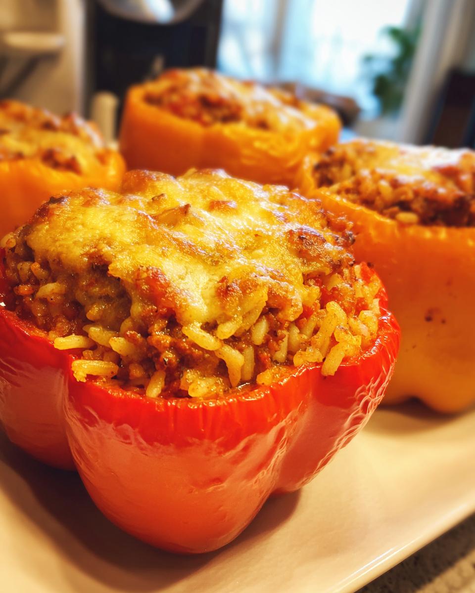 Close-up of baked Beef And Rice Stuffed Bell Peppers topped with melted, golden cheese.