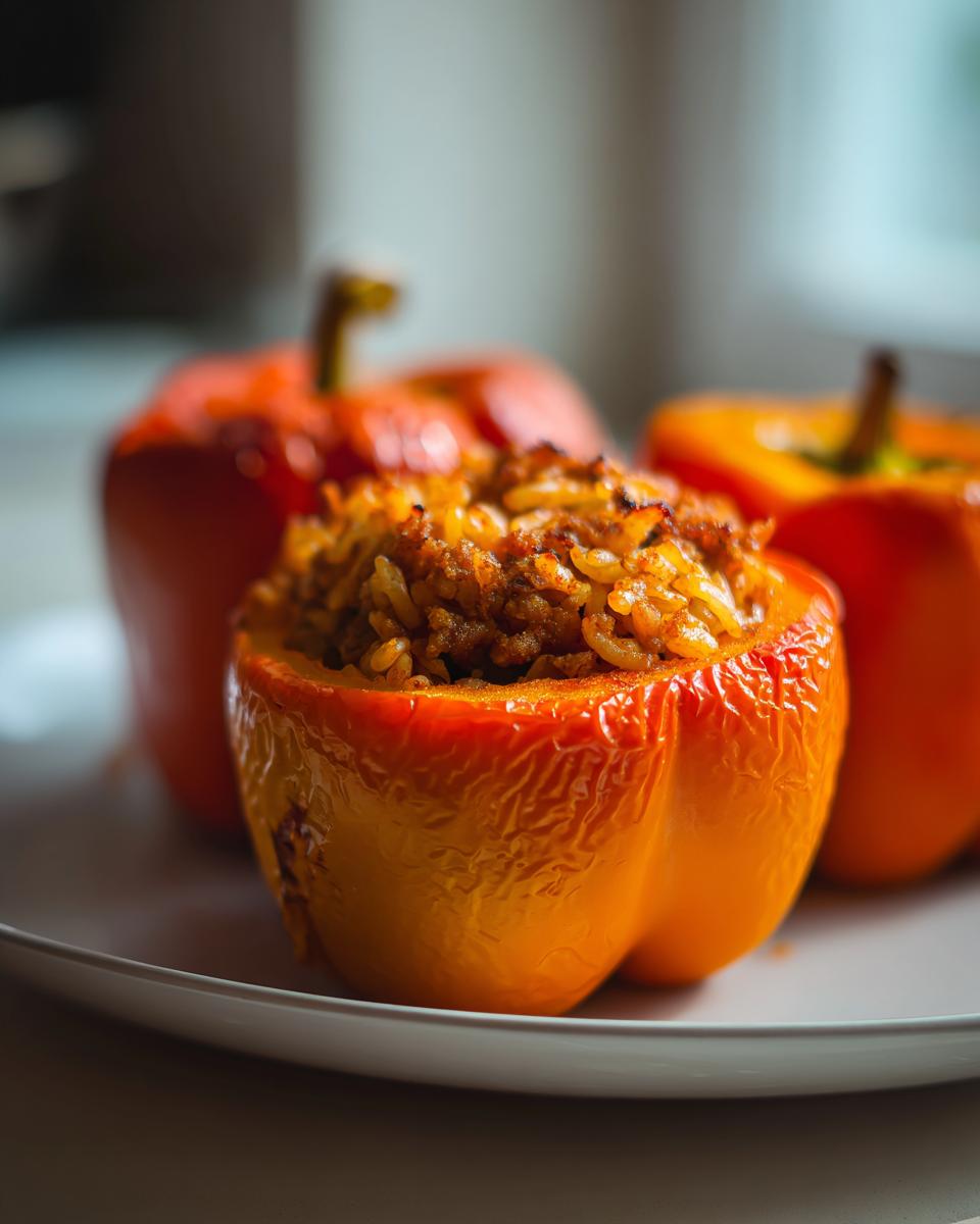 A close-up of one orange Beef And Rice Stuffed Bell Pepper, filled with seasoned ground meat and rice mixture.