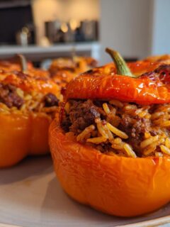 Close-up of baked orange Beef And Rice Stuffed Bell Peppers served on a light plate.