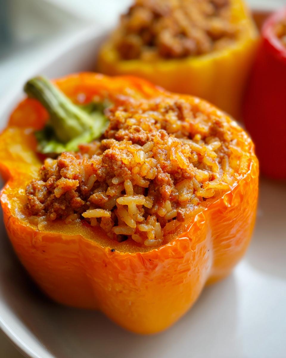 Close-up of a bright orange Beef And Rice Stuffed Bell Peppers half, filled with seasoned ground beef and rice mixture.