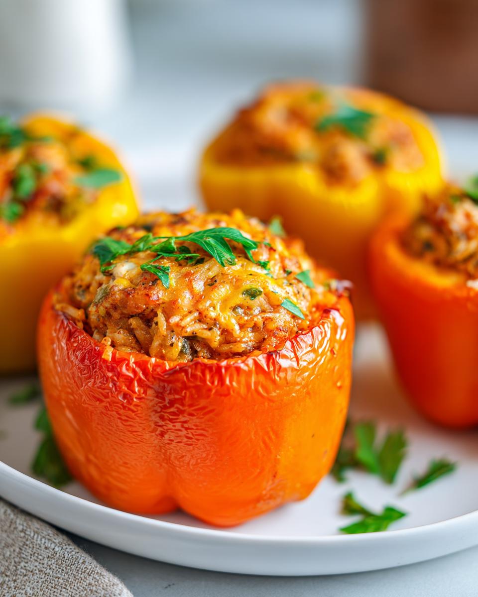 Close-up of a bright orange Beef And Rice Stuffed Bell Pepper topped with melted cheese and fresh parsley.