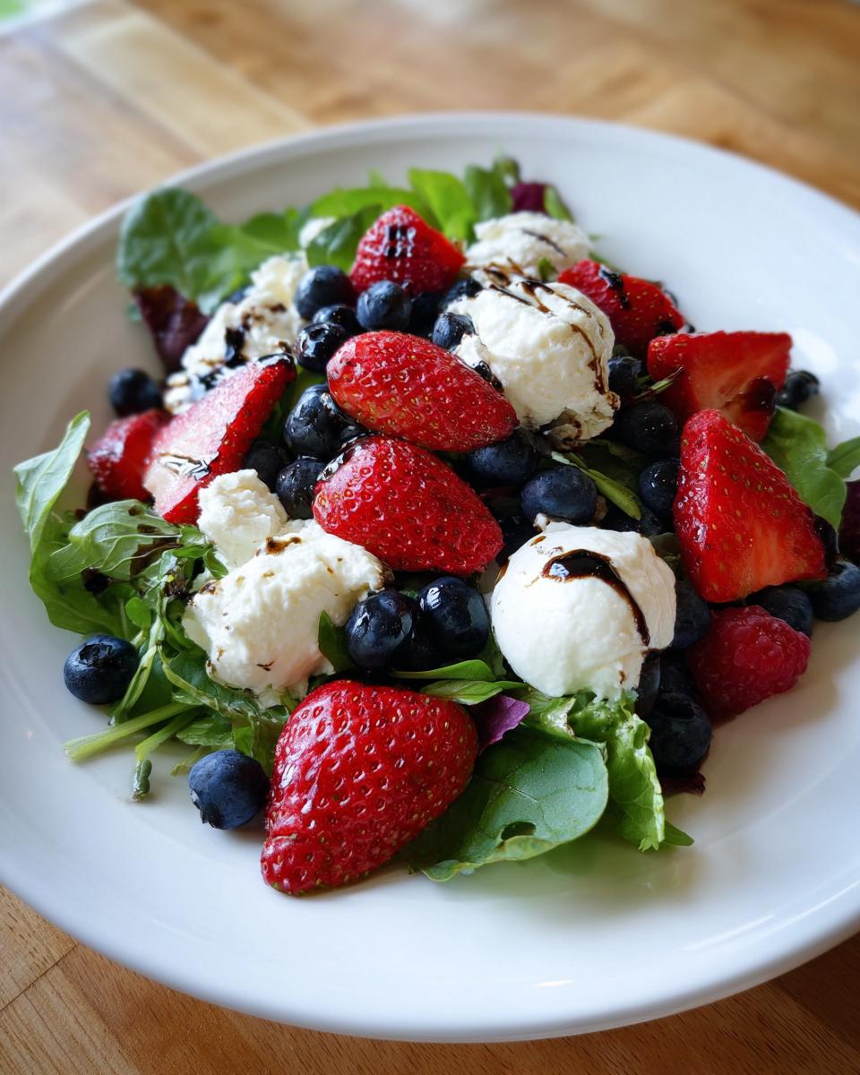 Close-up of a vibrant Berries Burrata Salad featuring strawberries, blueberries, and creamy burrata cheese drizzled with balsamic.