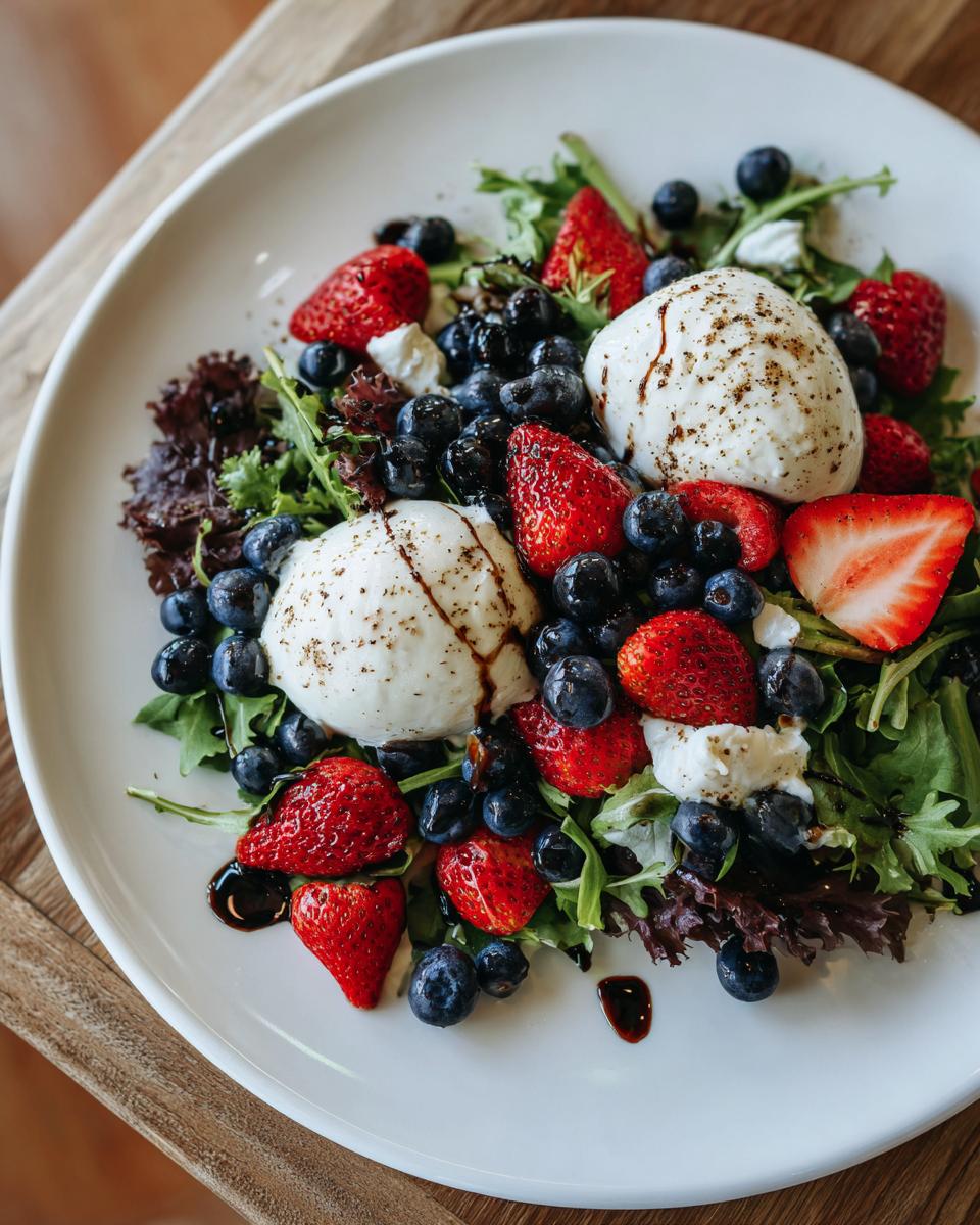 Close-up of a fresh Berries Burrata Salad featuring burrata cheese, strawberries, blueberries, and mixed greens with balsamic glaze.