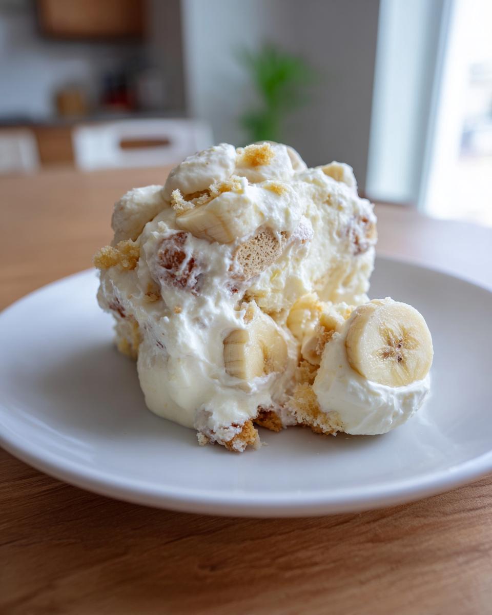 A generous scoop of the Best Banana Pudding featuring creamy layers, vanilla wafers, and fresh banana slices on a white plate.