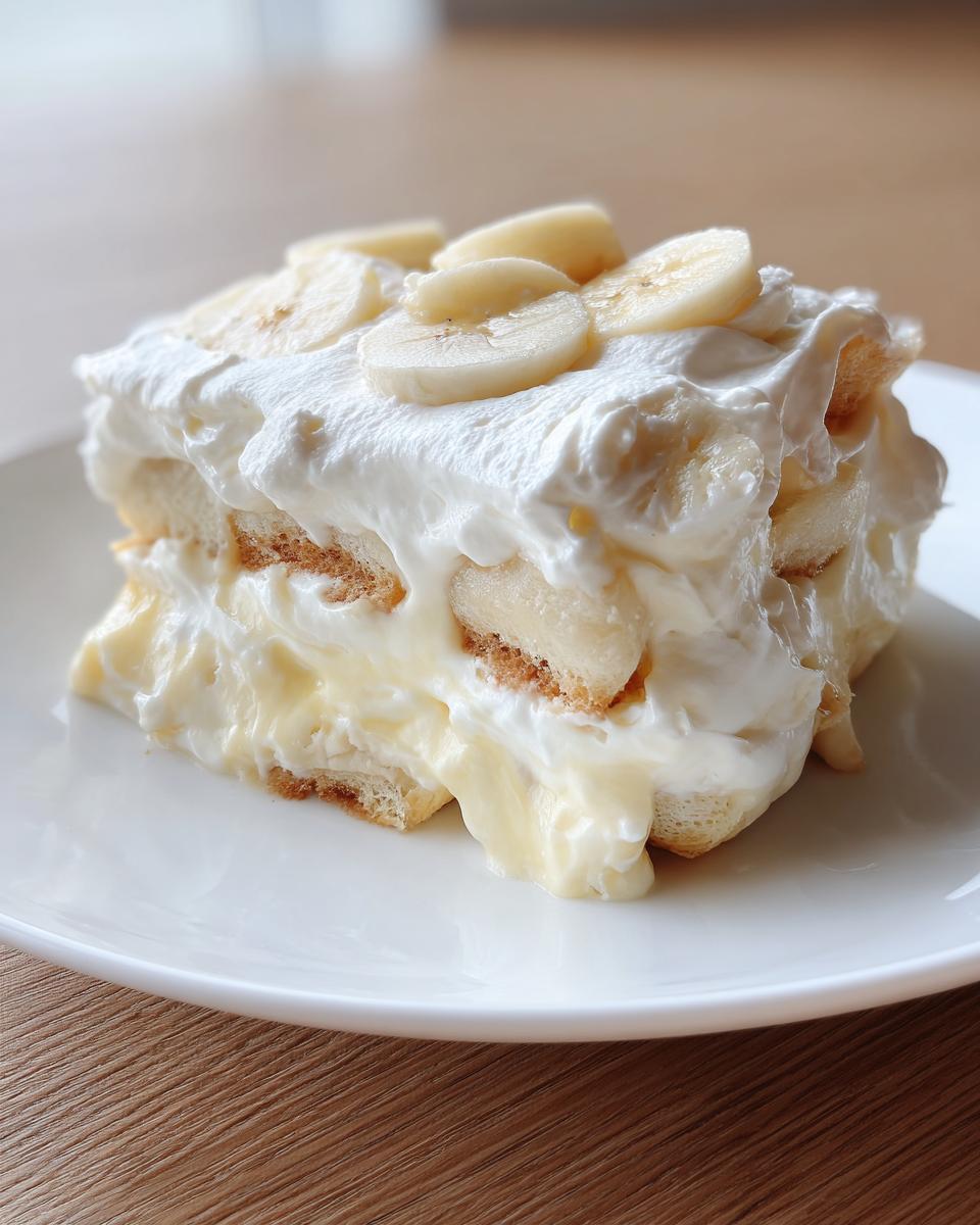 A decadent slice of the Best Banana Pudding layered with vanilla wafers, custard, and topped with whipped cream and fresh banana slices.