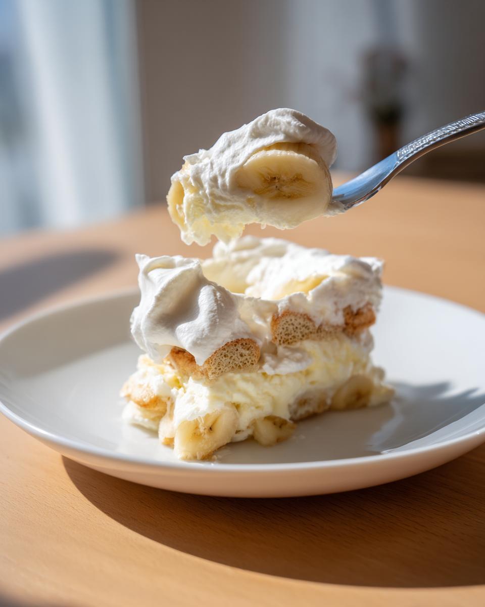 A fork lifts a bite topped with whipped cream and banana from a layered slice of the Best Banana Pudding.