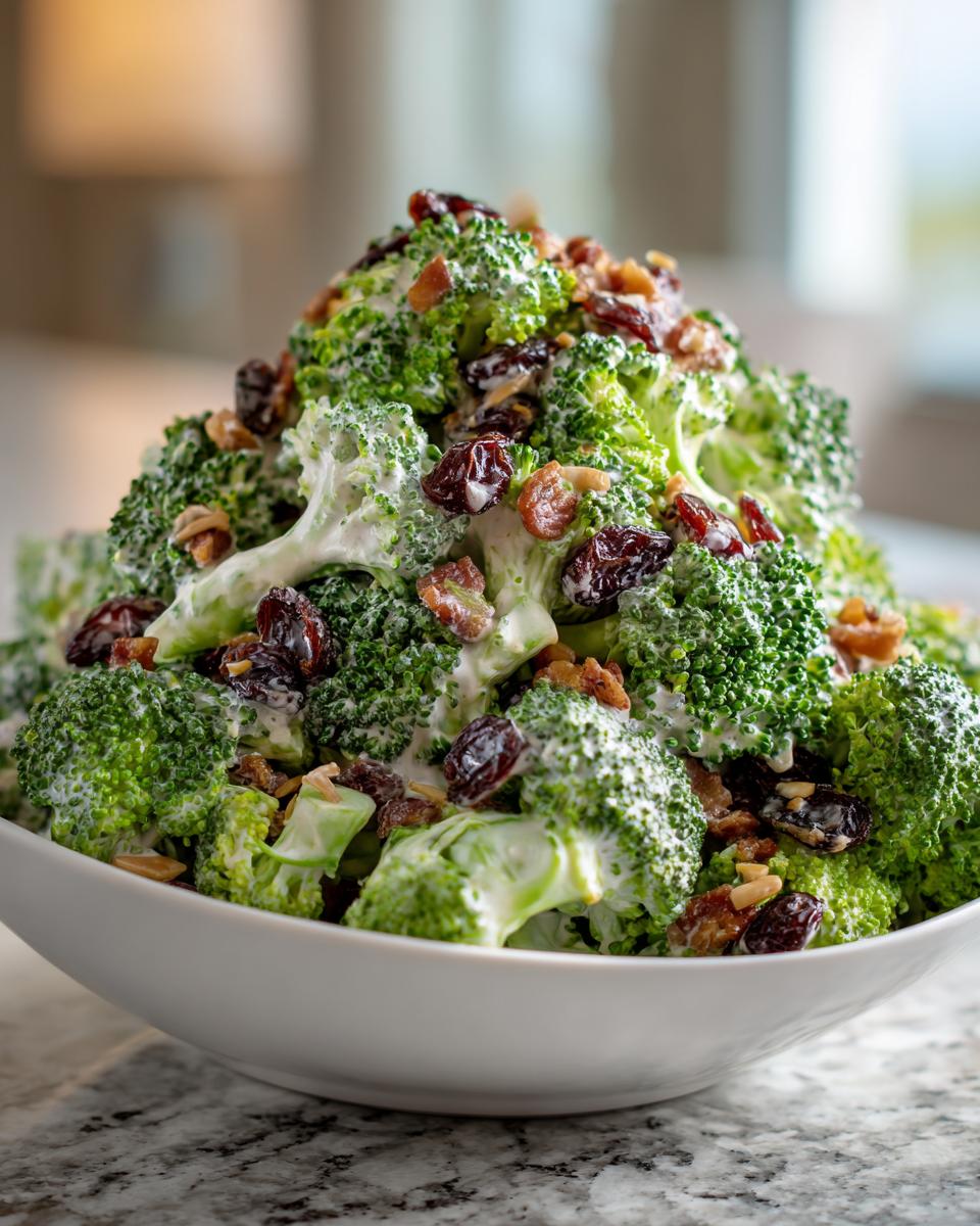 A generous serving of The Best Broccoli Salad, featuring creamy dressing, dried cranberries, bacon bits, and nuts, piled high in a white bowl.