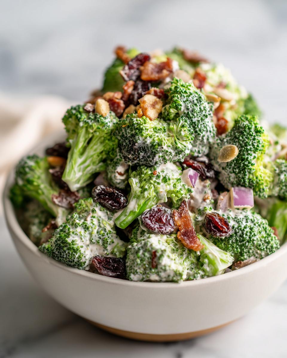 A close-up of The Best Broccoli Salad featuring creamy dressing, bright green florets, bacon, and dried cranberries.