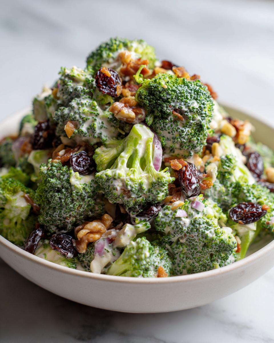 A close-up shot of The Best Broccoli Salad featuring creamy dressing, bright green florets, dried cranberries, and walnuts.
