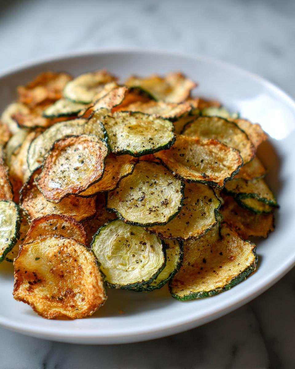 A close-up of a white bowl filled with golden brown, seasoned Best Crunchy Zucchini Chips.