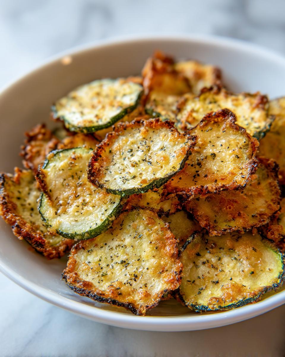 Close-up of a white bowl filled with golden brown, crispy Best Crunchy Zucchini Chips seasoned with herbs.