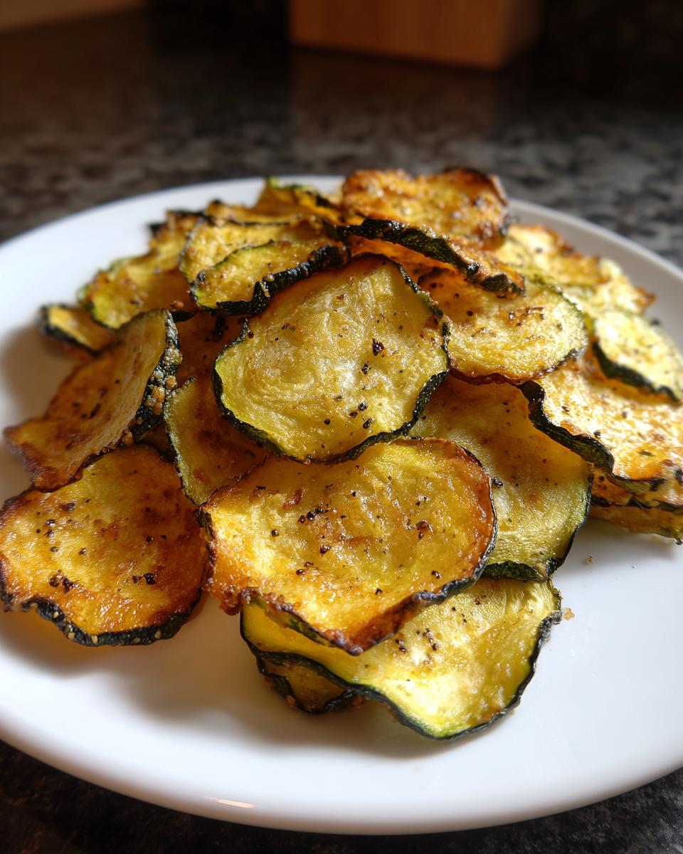 A close-up of golden brown, seasoned Best Crunchy Zucchini Chips piled on a white plate.