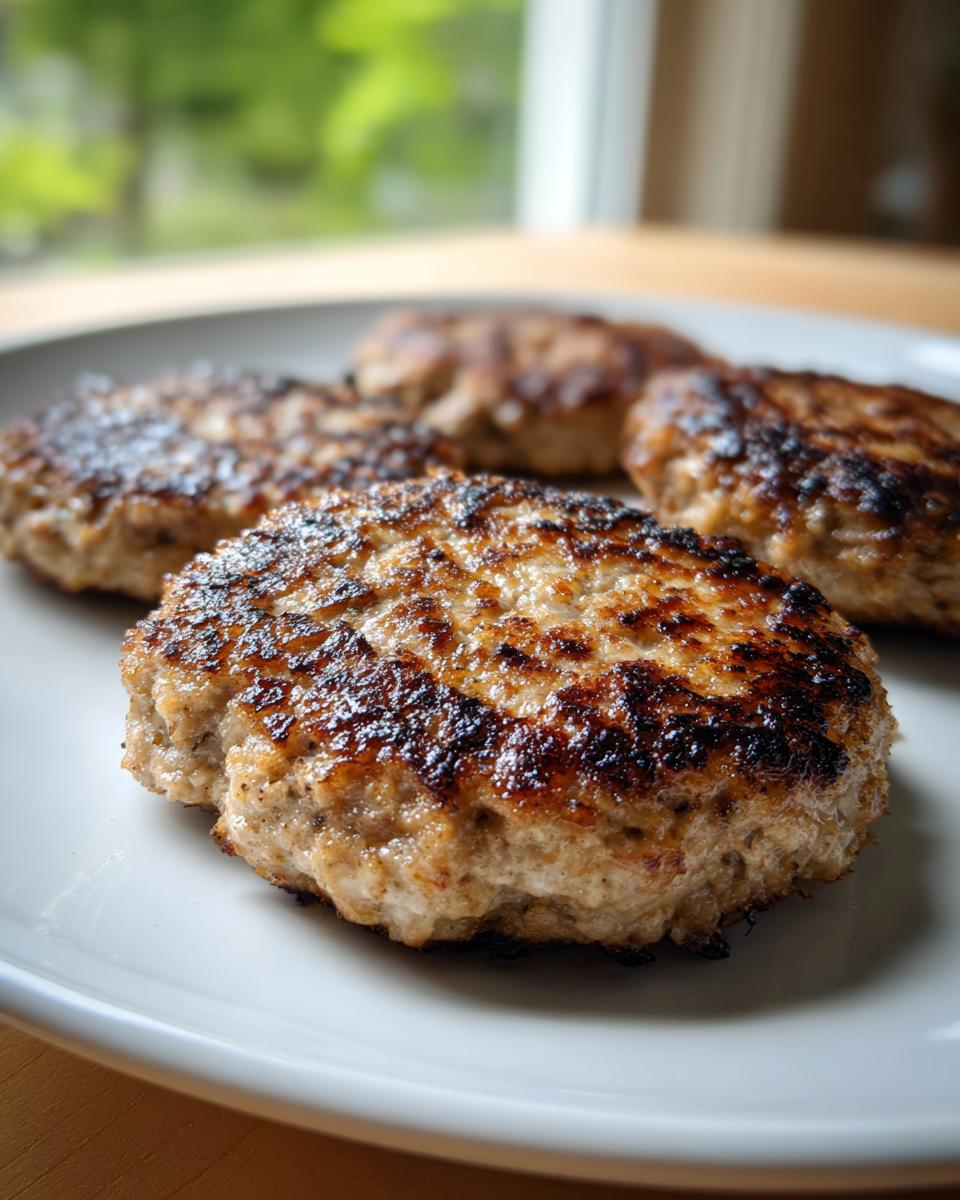 Close-up of four freshly grilled Best Turkey Burgers with a nice sear resting on a white plate.