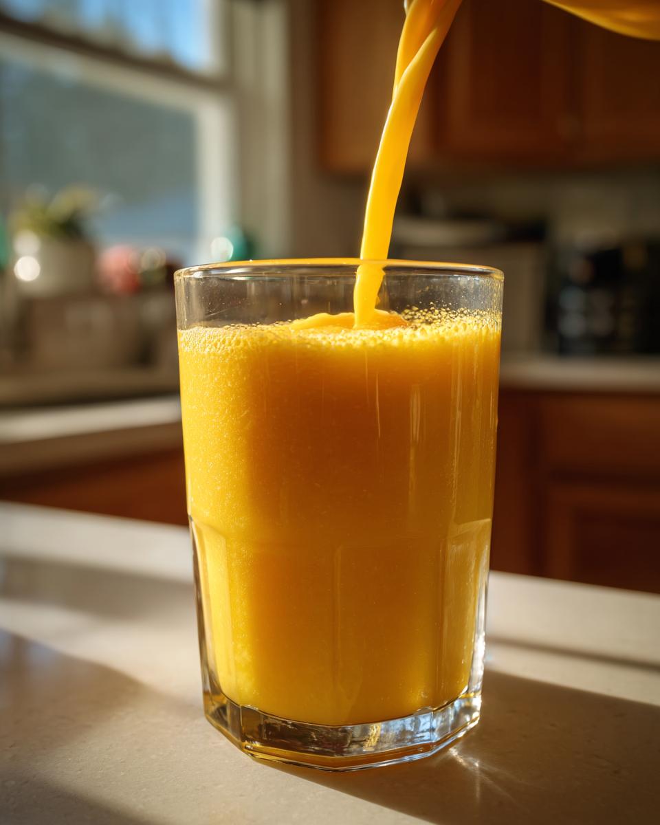 Bright yellow Best Turmeric Smoothie being poured into a clear glass on a sunlit countertop.