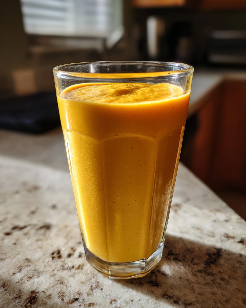 A close-up of a vibrant, thick Best Turmeric Smoothie in a clear glass, sitting on a speckled countertop.
