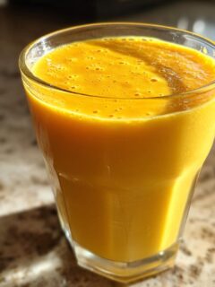 A vibrant orange Best Turmeric Smoothie served in a clear glass, resting on a speckled countertop.