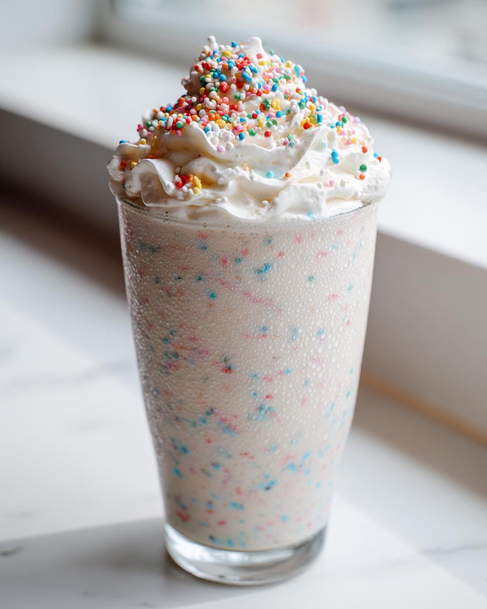 A tall glass filled with a creamy Birthday Cake Shake featuring colorful sprinkles throughout and topped with whipped cream and more sprinkles.