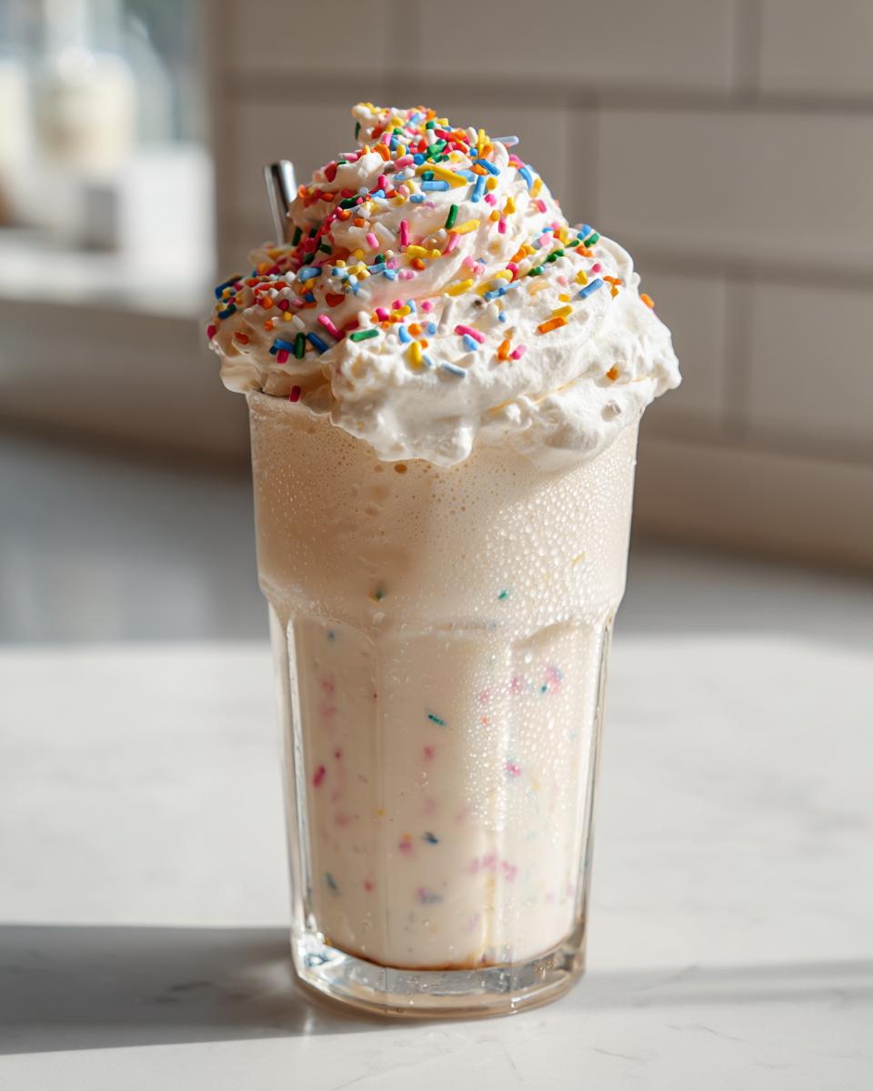 A tall glass filled with a creamy Birthday Cake Shake, topped high with whipped cream and rainbow sprinkles.