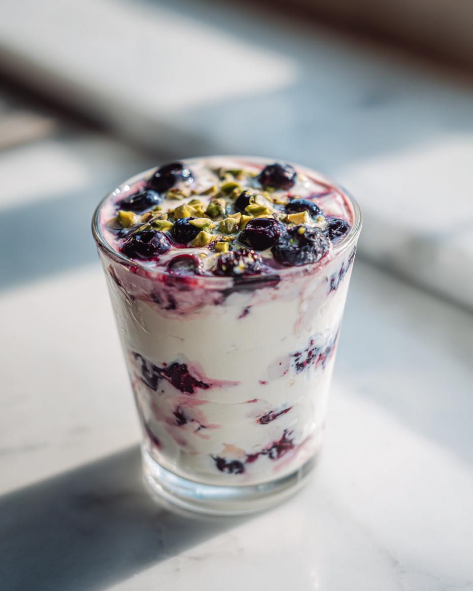 A layered Blackberry Pistachio Cream Delight parfait topped with whole berries and chopped pistachios.