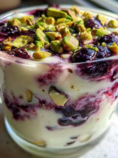 Close-up of Blackberry Pistachio Cream Delight layered in a glass with cream and topped with chopped pistachios.