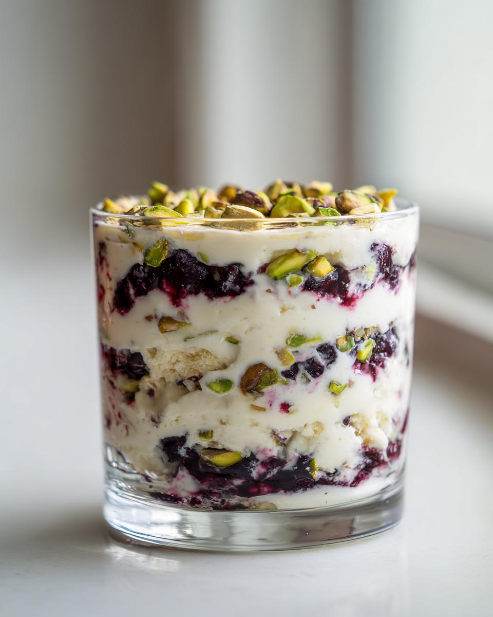 Close-up of a layered Blackberry Pistachio Cream Delight dessert topped with chopped pistachios.