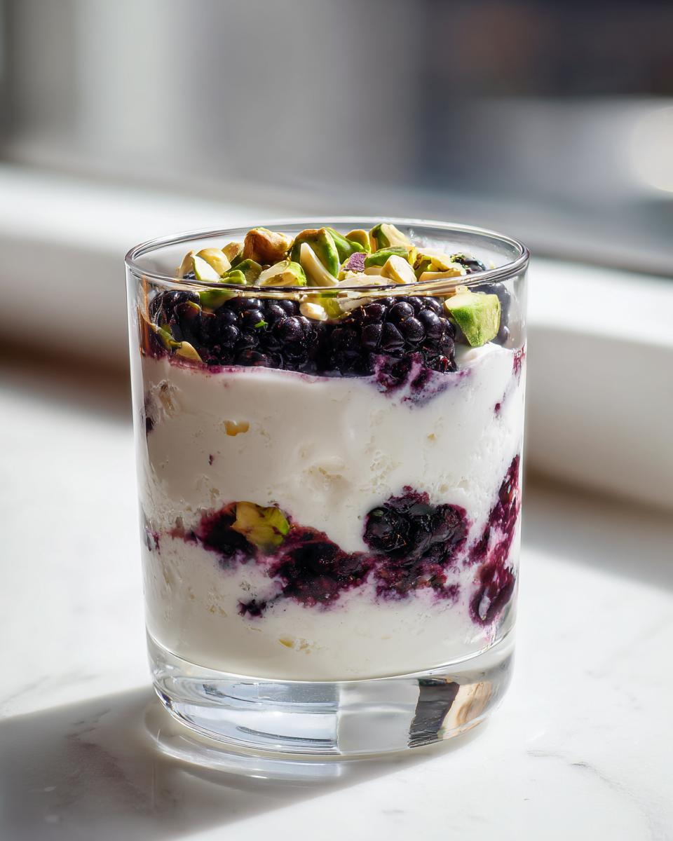 A layered Blackberry Pistachio Cream Delight dessert served in a clear glass with fresh blackberries and chopped pistachios on top.