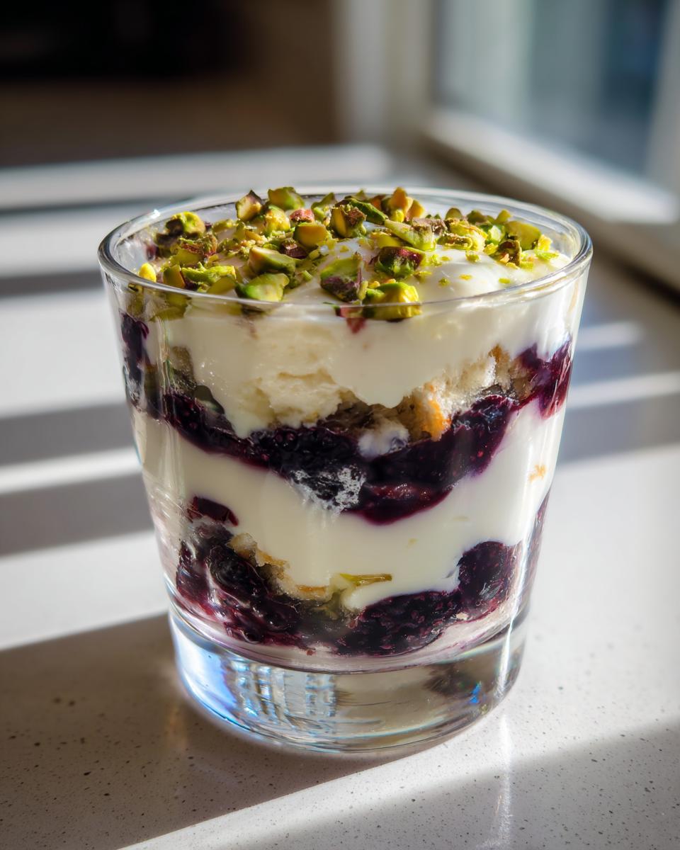 A layered Blackberry Pistachio Cream Delight parfait topped with chopped green pistachios in a clear glass.