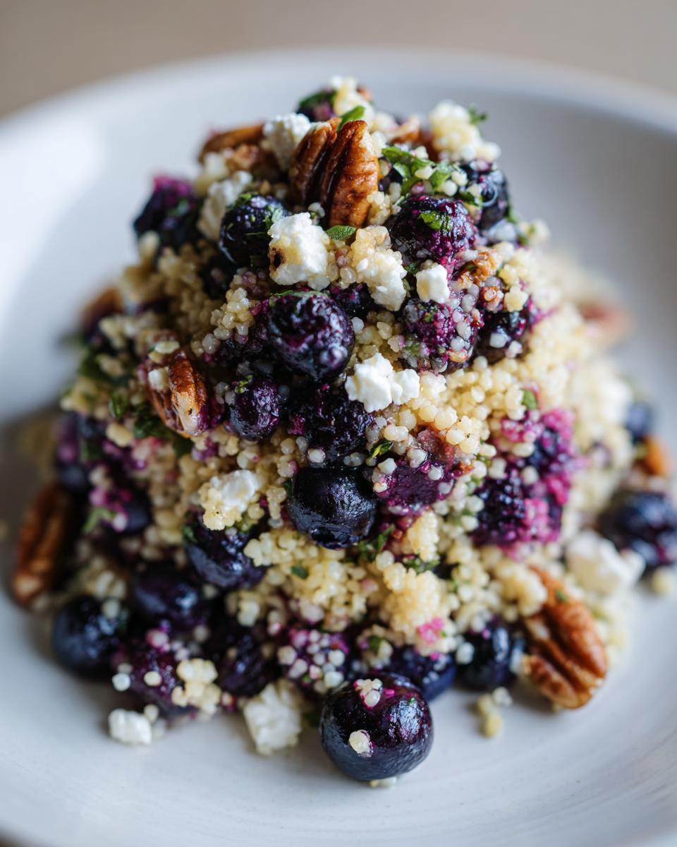 Close-up of Blueberry Goat Cheese Couscous Salad featuring bright blueberries, white goat cheese crumbles, and pecans.