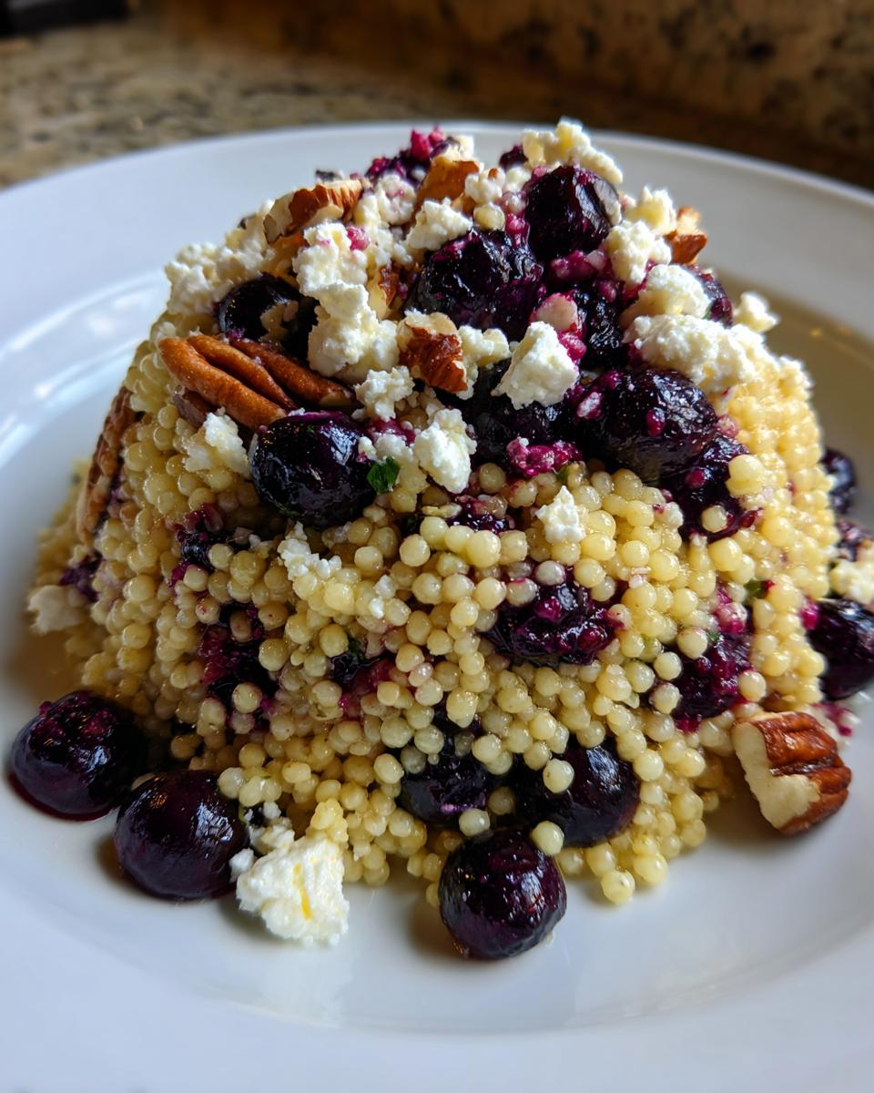 A mound of Israeli couscous topped with blueberries, crumbled goat cheese, and pecans for a Blueberry Goat Cheese Couscous Salad.