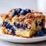Close-up of a slice of Overnight Pancake Breakfast Bake loaded with blueberries and a cinnamon sugar topping.