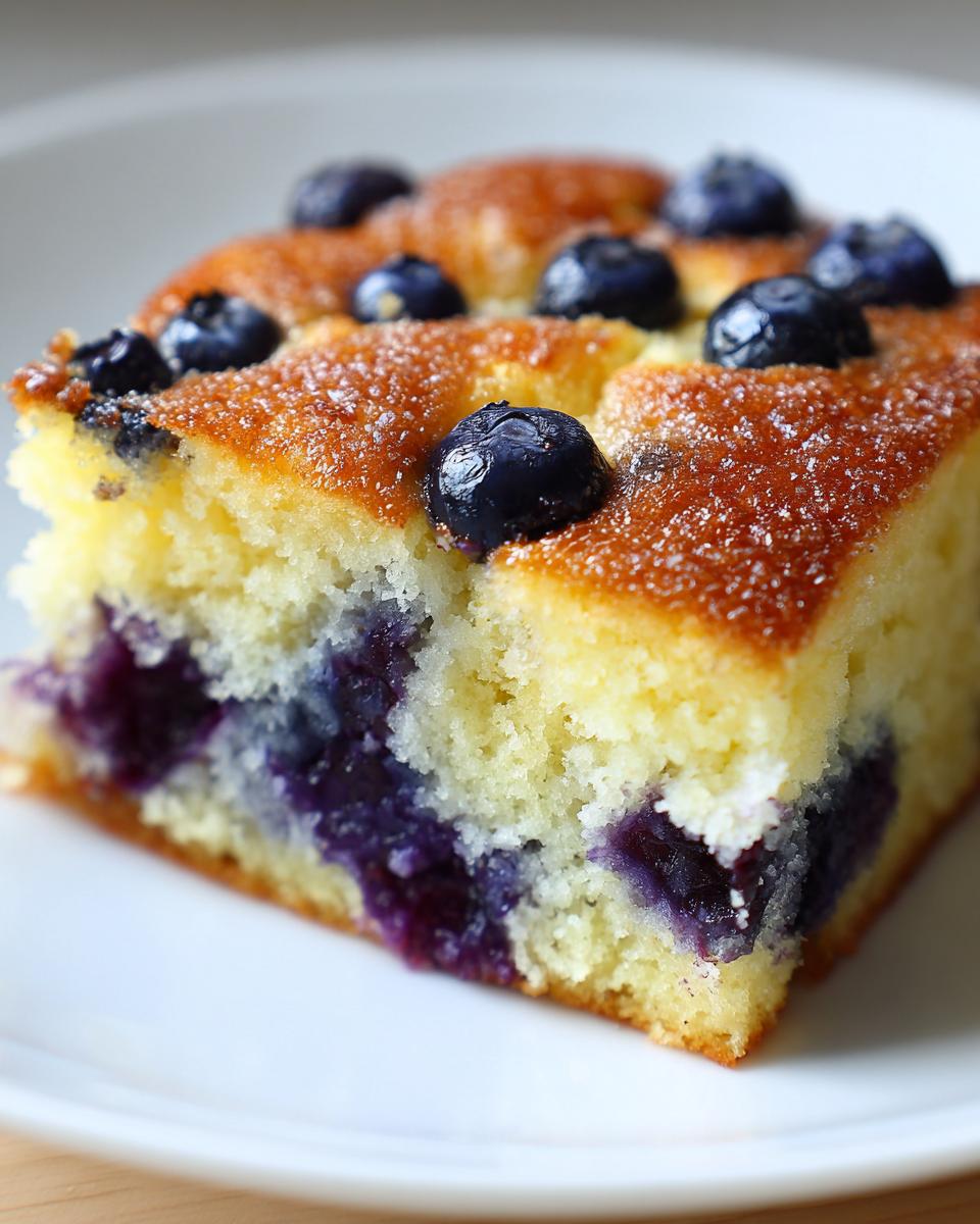 Close-up of a square slice of Overnight Pancake Breakfast Bake studded with blueberries on a white plate.