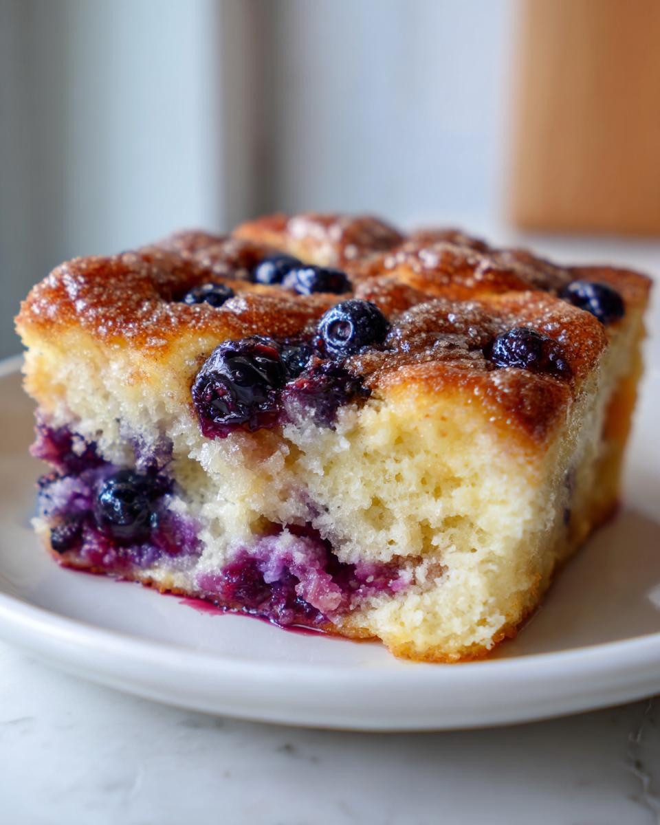 Close-up of a square slice of moist Overnight Pancake Breakfast Bake filled with juicy blueberries.