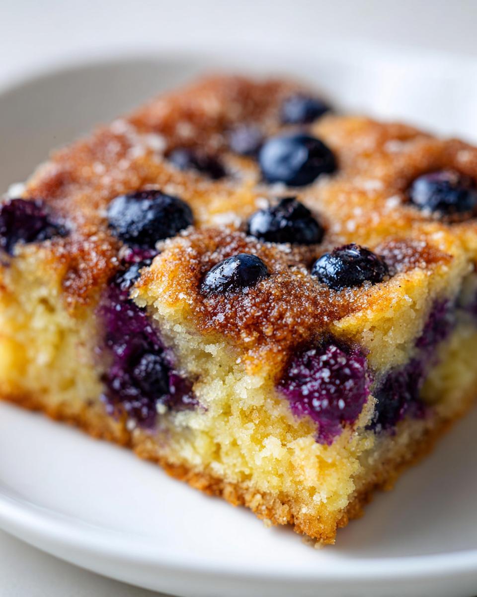 Close-up of a square slice of Overnight Pancake Breakfast Bake studded with blueberries and topped with coarse sugar.
