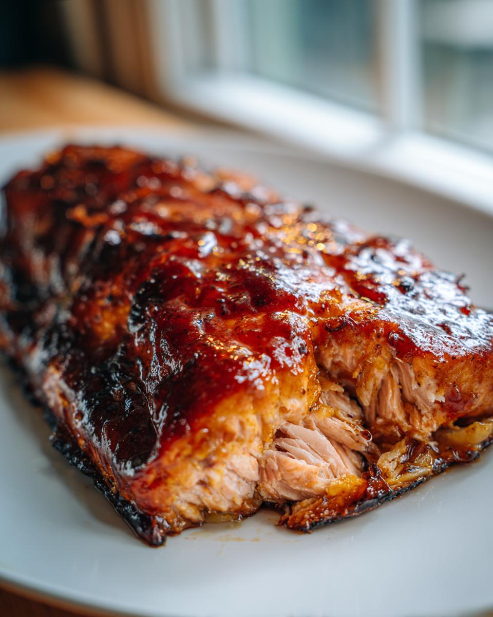 Close-up of a perfectly cooked Bourbon Peach Roasted Salmon fillet, showing flaky texture and a caramelized glaze.
