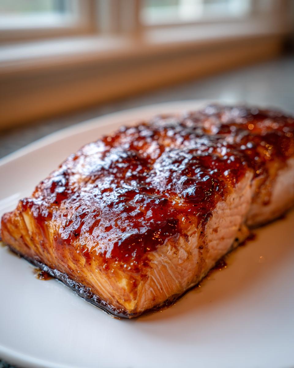 Close-up of a perfectly cooked Bourbon Peach Roasted Salmon fillet with a thick, glossy, caramelized glaze.