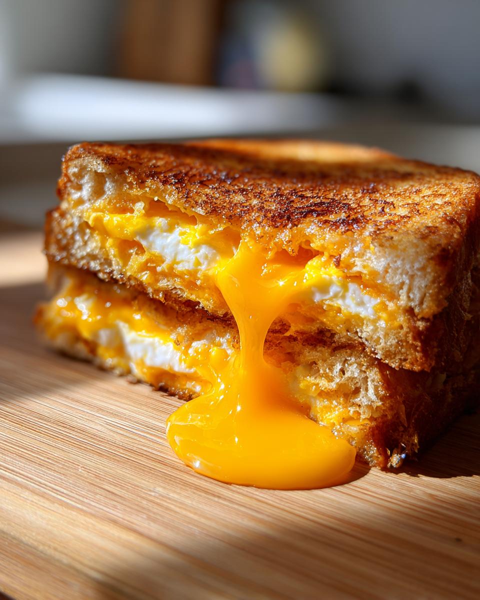 Close-up of a Breakfast Grilled Cheese sandwich cut in half with melted orange cheese dripping onto a wooden board.