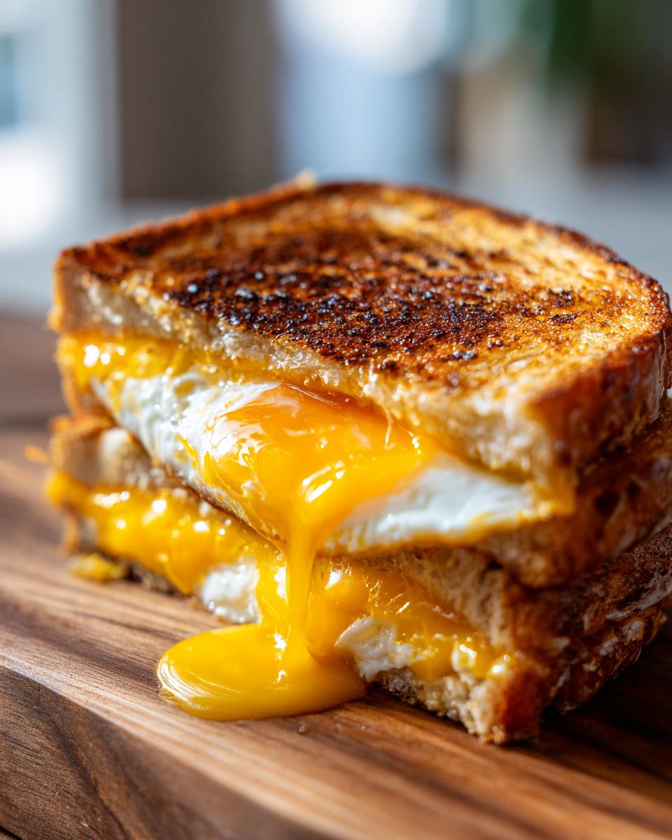 Close-up of a perfectly toasted Breakfast Grilled Cheese with a runny fried egg yolk spilling out.