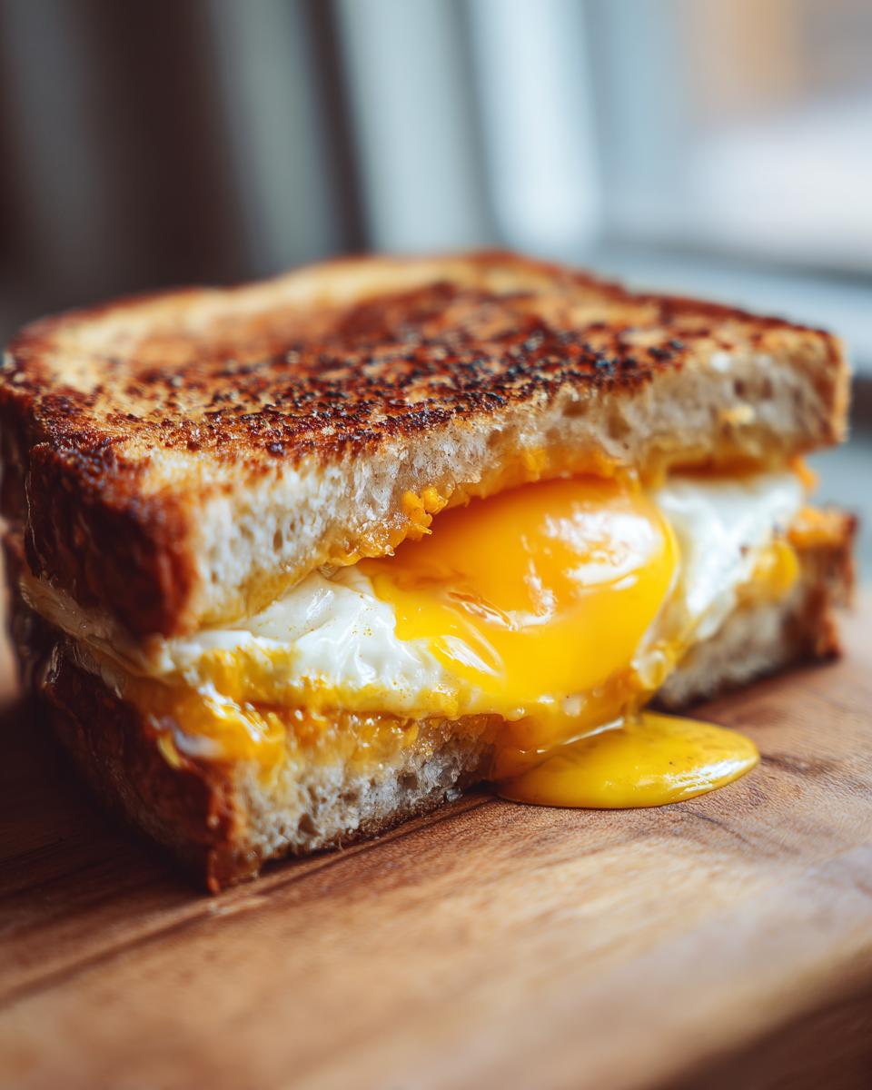 Close-up of a Breakfast Grilled Cheese sandwich with a perfectly cooked fried egg spilling its runny yolk onto a wooden board.