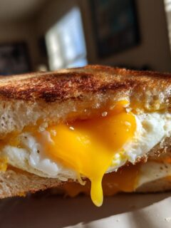 Close-up of a toasted Breakfast Grilled Cheese sandwich with a fried egg spilling bright yellow yolk.